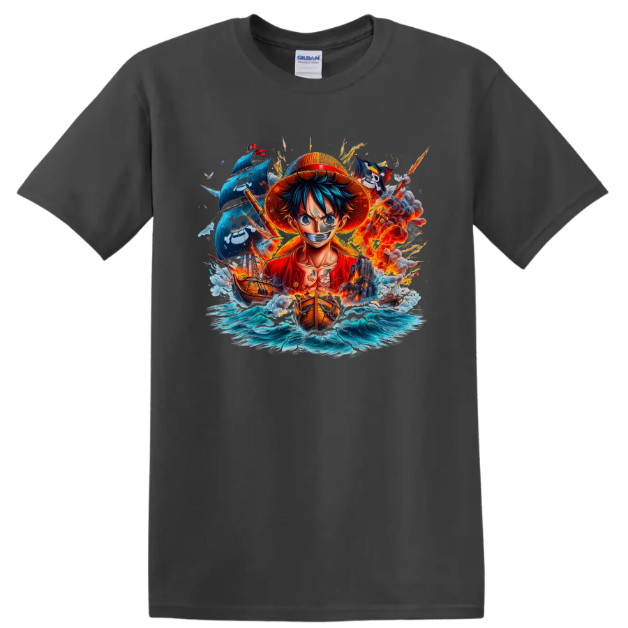Monkey D. Luffy anime pirate graphic with ships, ocean waves, and fiery action on a Charcoal T Shirt