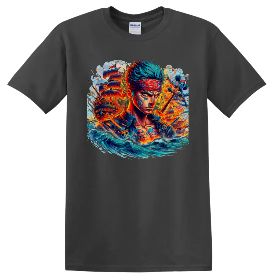 Roronoa Zoro anime pirate portrait with ships, crashing waves, and fiery energy on a Charcoal T Shirt