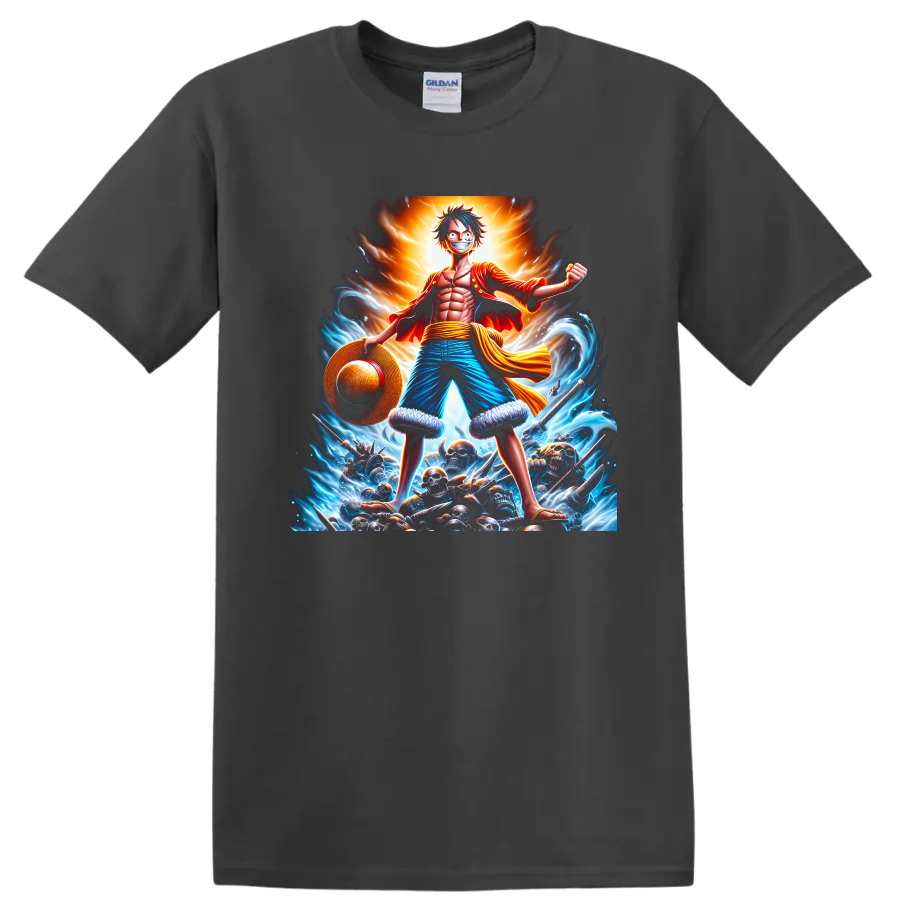 Monkey D. Luffy One Piece pirate battle graphic with waves, straw hat, and glowing aura on a Charcoal T Shirt