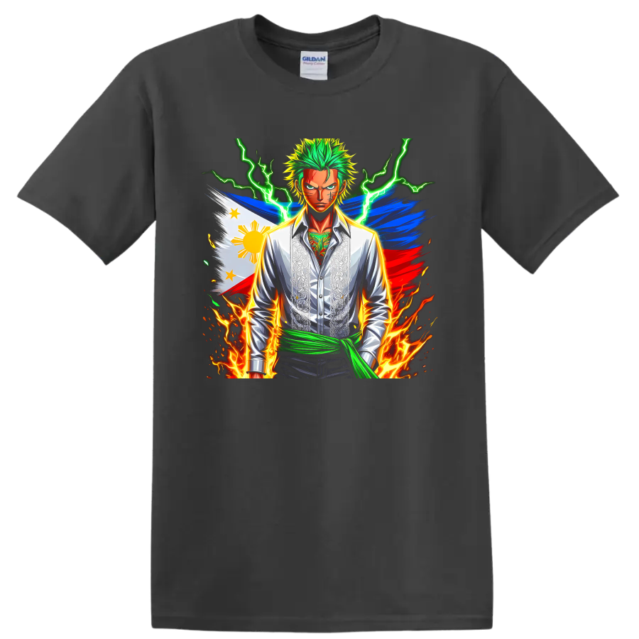 Roronoa Zoro anime graphic with Philippine flag, green lightning, and flames on a Charcoal T Shirt