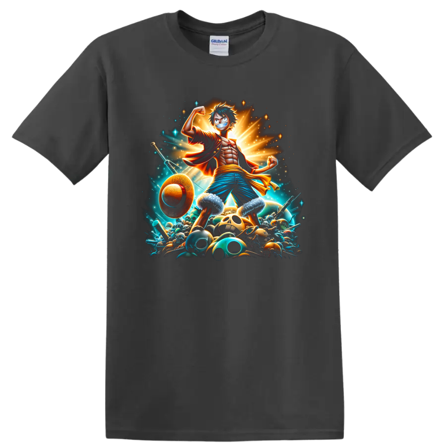 Monkey D. Luffy anime pirate hero graphic with straw hat, swords, skulls, and radiant on a Charcoal T Shirt