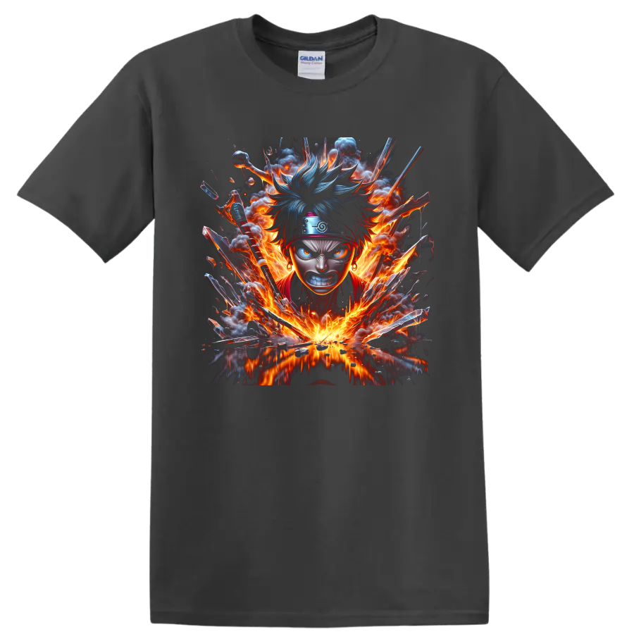 Naruto Uzumaki fiery anime ninja portrait with blue-toned hair and explosive battle art on a Charcoal T Shirt