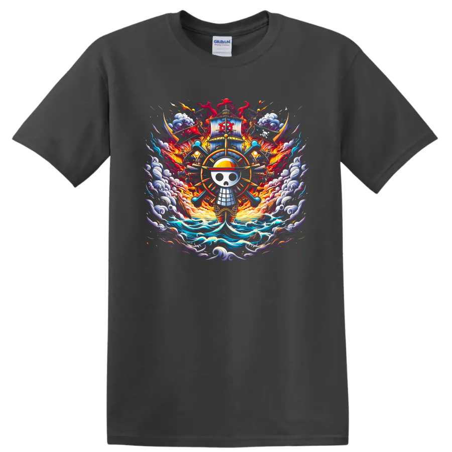 One Piece Straw Hat Pirates skull emblem with ship, waves, and fiery anime art on a Charcoal T Shirt