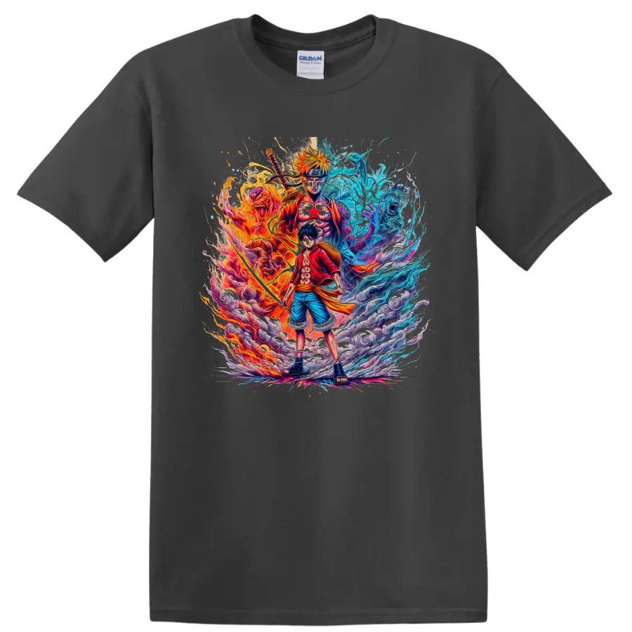 Monkey D. Luffy and Naruto Uzumaki fire and water anime graphic art on a Charcoal T Shirt