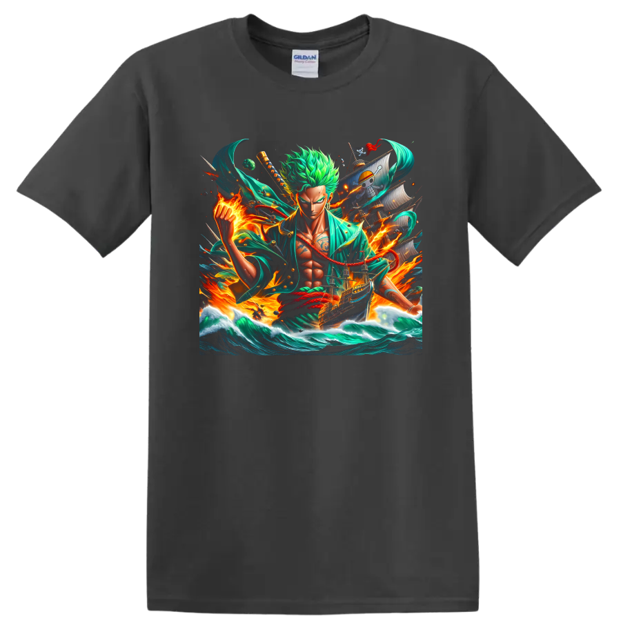 Roronoa Zoro anime swordsman with pirate ship, ocean waves, and fiery energy on a Charcoal T Shirt