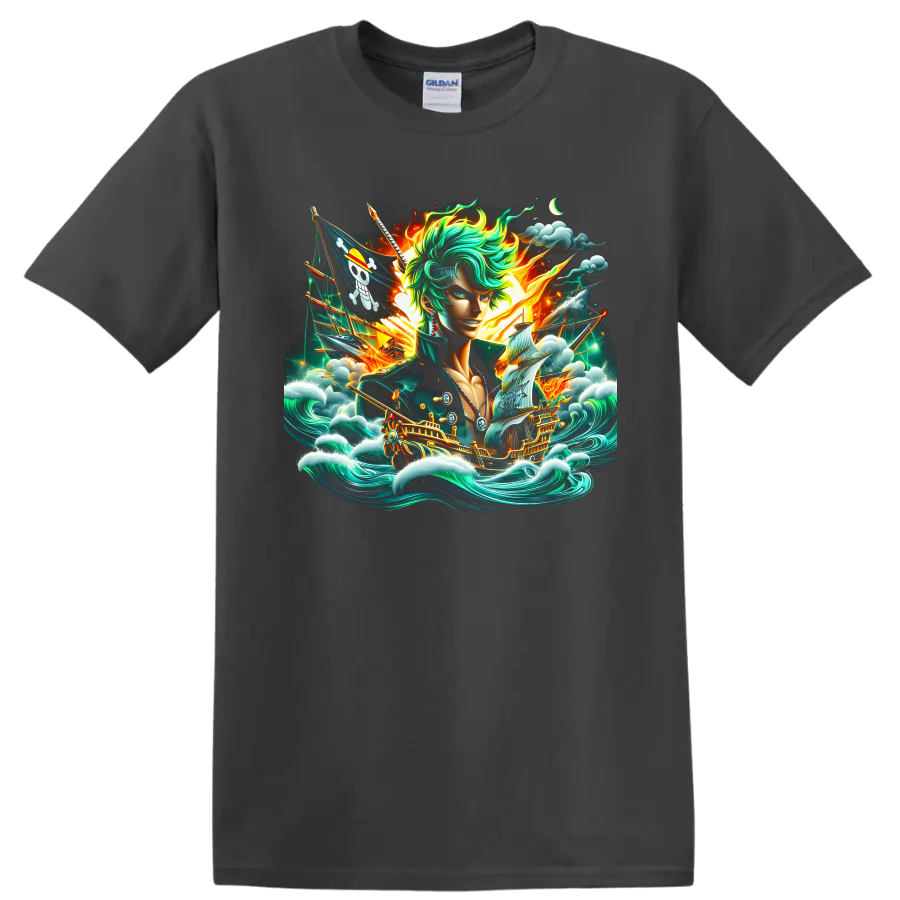 Roronoa Zoro anime fantasy art with pirate ships, ocean waves, clouds, and fiery light on a Charcoal T Shirt