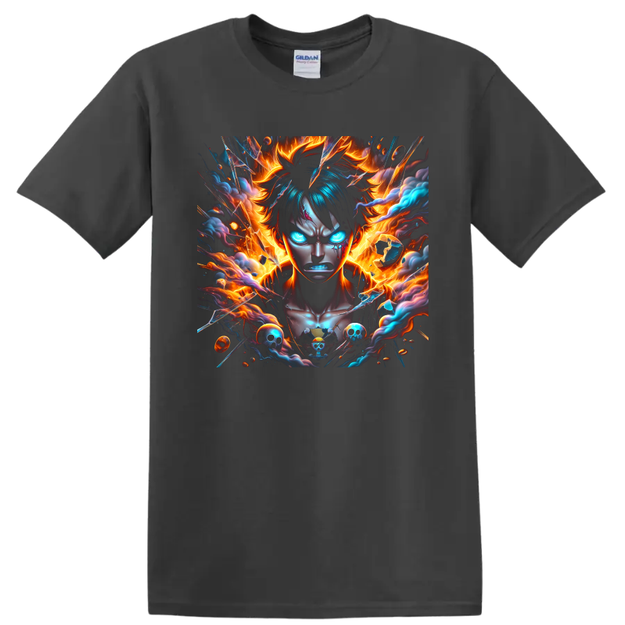 Monkey D. Luffy Gear 5 anime portrait with flames, blue energy, and pirate skulls on a Charcoal T Shirt