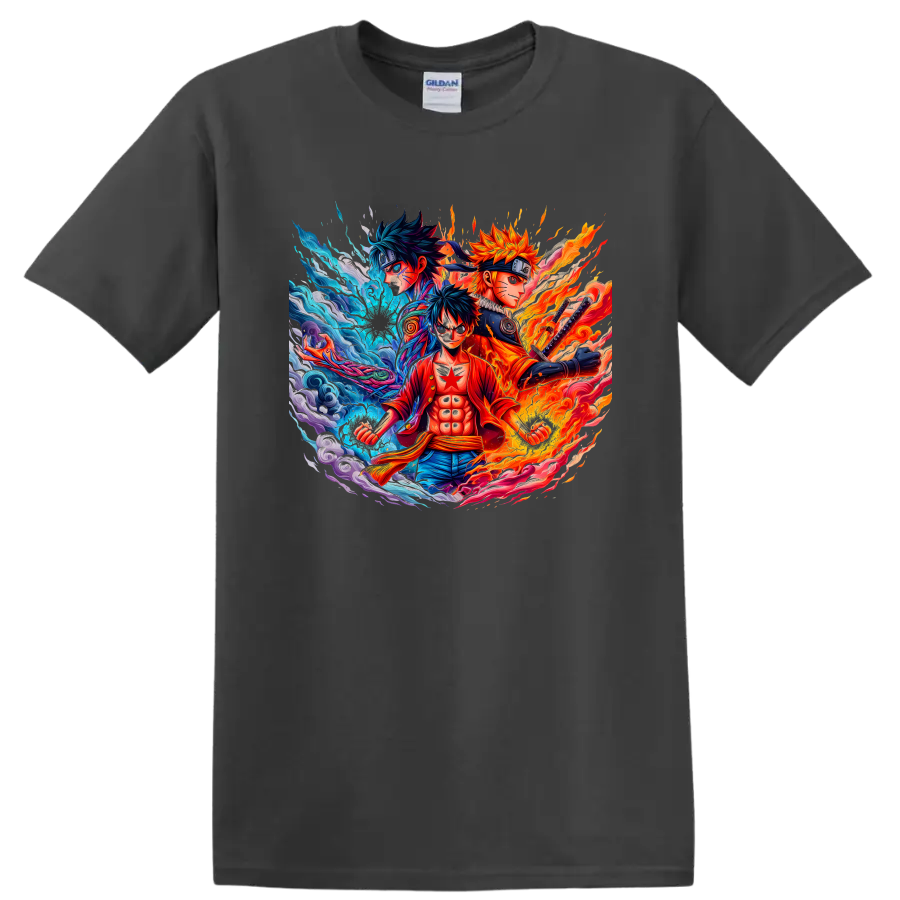 Monkey D. Luffy, Naruto Uzumaki and Sasuke Uchiha in fiery anime energy art on a Charcoal T Shirt