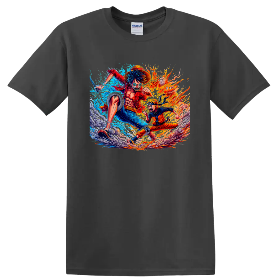 Monkey D. Luffy and Naruto Uzumaki in fiery water anime battle artwork on a Charcoal T Shirt