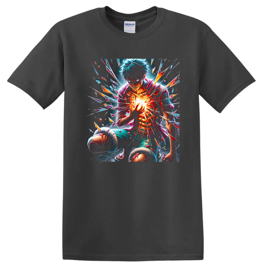 Monkey D. Luffy energy burst with shattered-glass anime action art on a Charcoal T Shirt