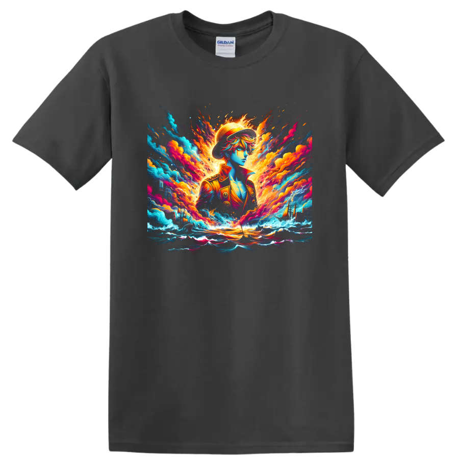 Monkey D. Luffy anime pirate in fiery ocean waves and colorful sailing ship art on a Charcoal T Shirt