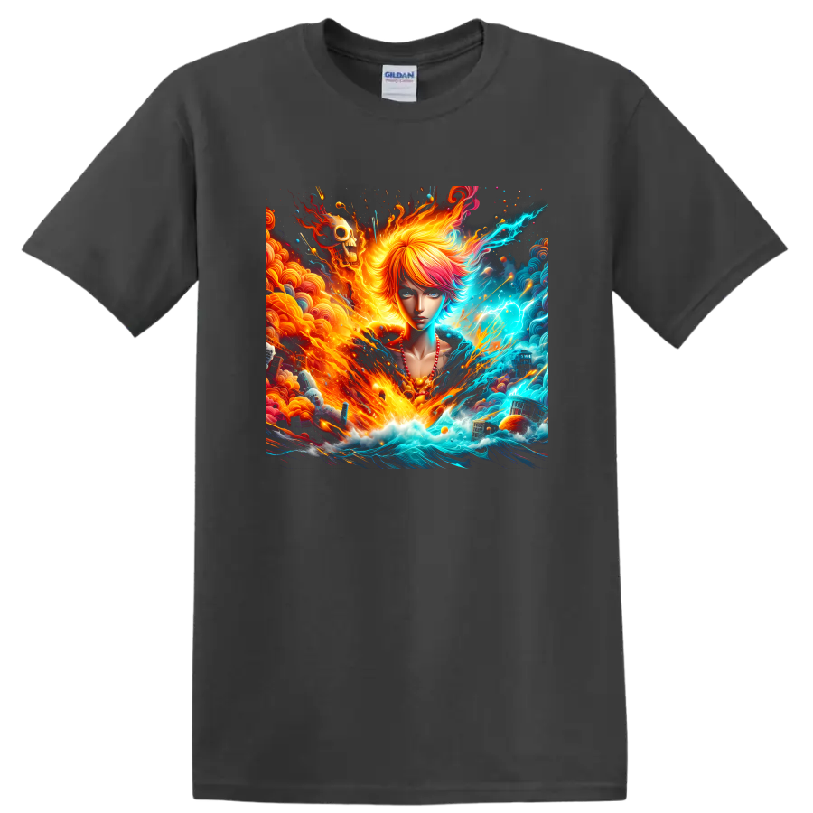 Anime-style fantasy girl with fiery waves, electric ocean energy, and surreal skull art on a Charcoal T Shirt