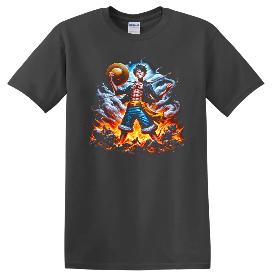 Monkey D. Luffy Gear 5 anime battle art with straw hat, sword, smoke, and flames on a Charcoal T Shirt