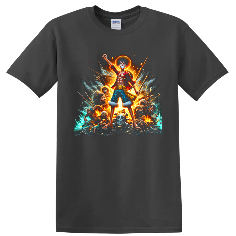 Monkey D. Luffy with a sun halo in a fiery pirate battle anime graphic on a Charcoal T Shirt