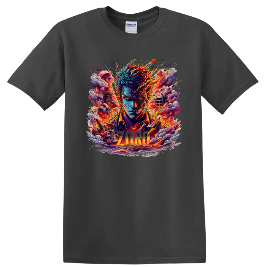 Roronoa Zoro fiery anime swordsman graphic with flames, smoke, swords, and ZORO text on a Charcoal T Shirt
