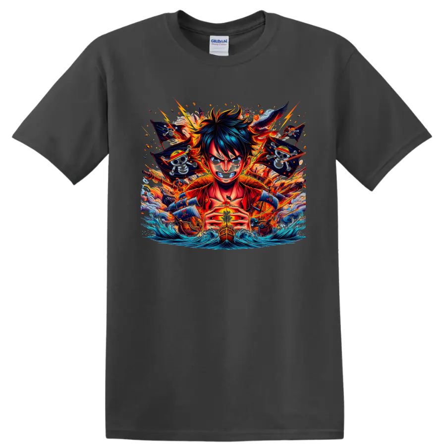 Monkey D. Luffy anime pirate graphic with ships, skull flags, fire, and ocean waves on a Charcoal T Shirt