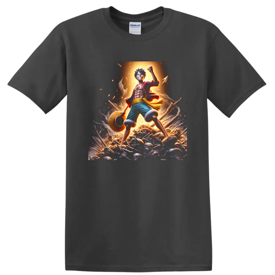 Monkey D. Luffy anime warrior graphic with raised fist, straw hat, swords, and skulls on a Charcoal T Shirt