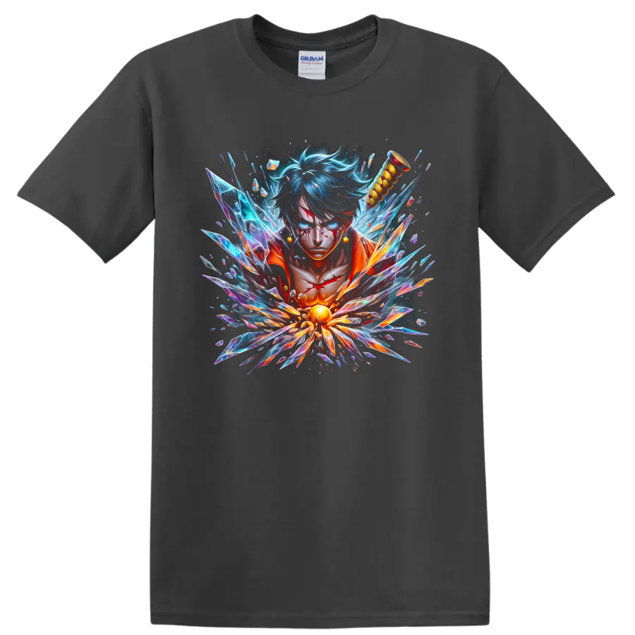 Monkey D. Luffy Gear 5 Sun God Nika anime portrait with explosive crystal shards on a Charcoal T Shirt