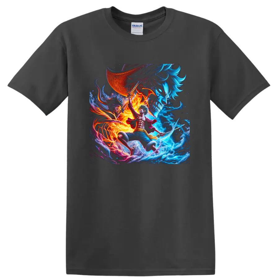 Monkey D. Luffy Gear 5 anime pirate battle graphic with fiery waves and skull imagery on a Charcoal T Shirt
