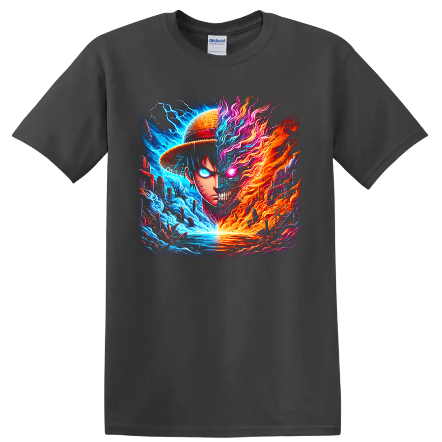 Naruto Uzumaki and Monkey D. Luffy split fire and water anime battle artwork on a Charcoal T Shirt