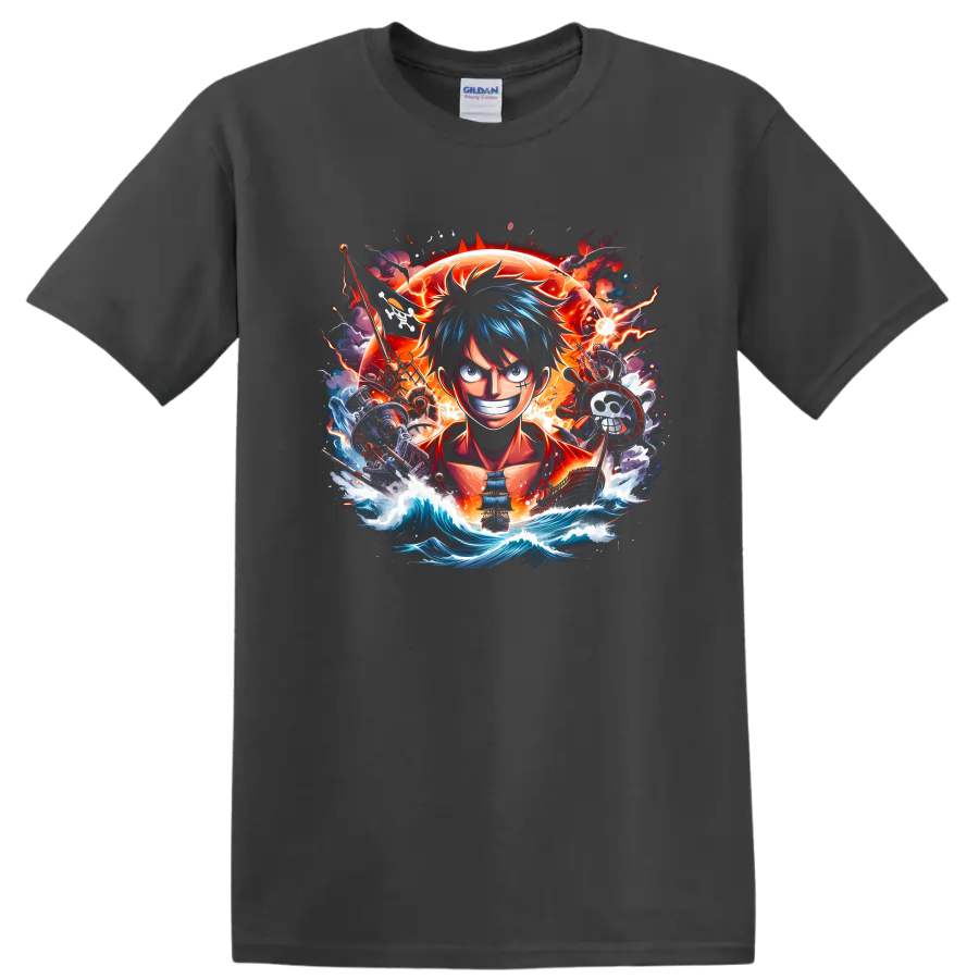 Monkey D. Luffy anime pirate graphic with ship, blazing sun, lightning, and ocean waves on a Charcoal T Shirt