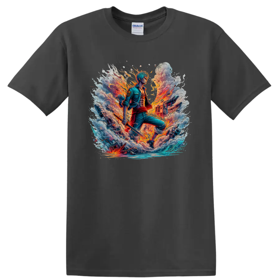 Roronoa Zoro anime swordsman amid fire, storm clouds, ocean waves, and ships on a Charcoal T Shirt