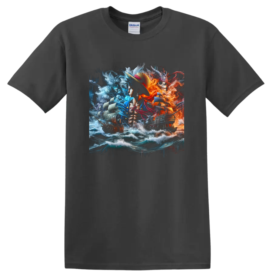 Monkey D. Luffy anime pirate art with storm waves, sailing ships, and fiery skull scene on a Charcoal T Shirt
