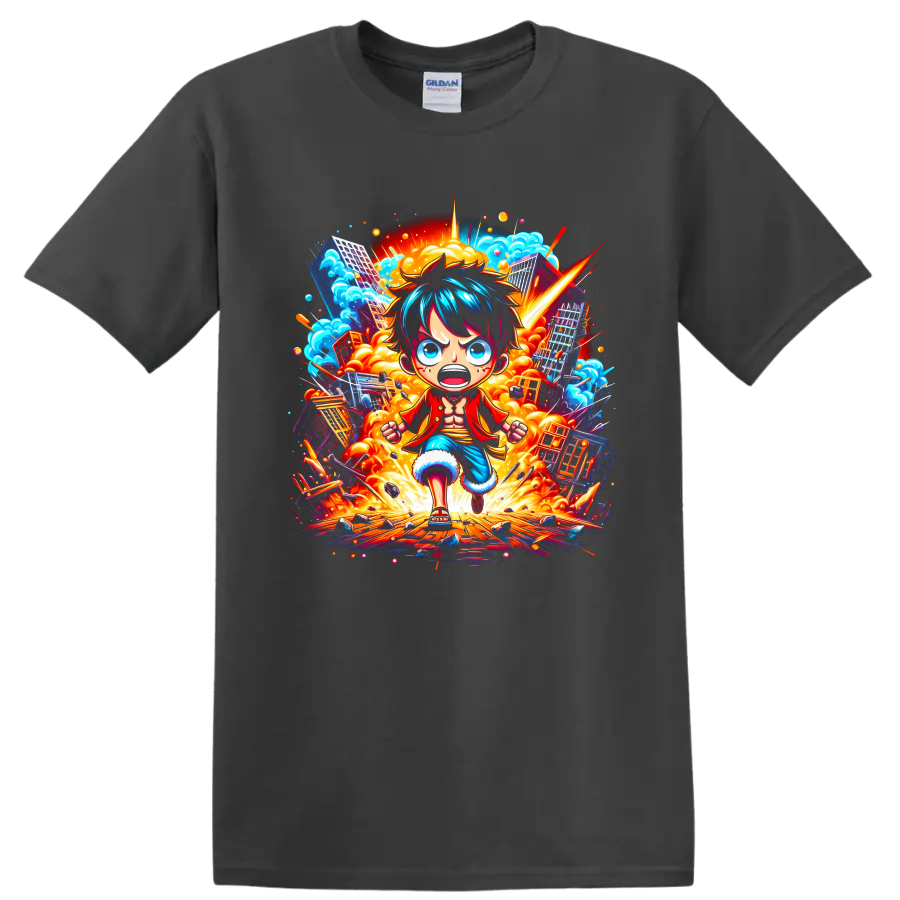 Monkey D. Luffy running through an explosive city in vivid anime action art on a Charcoal T Shirt