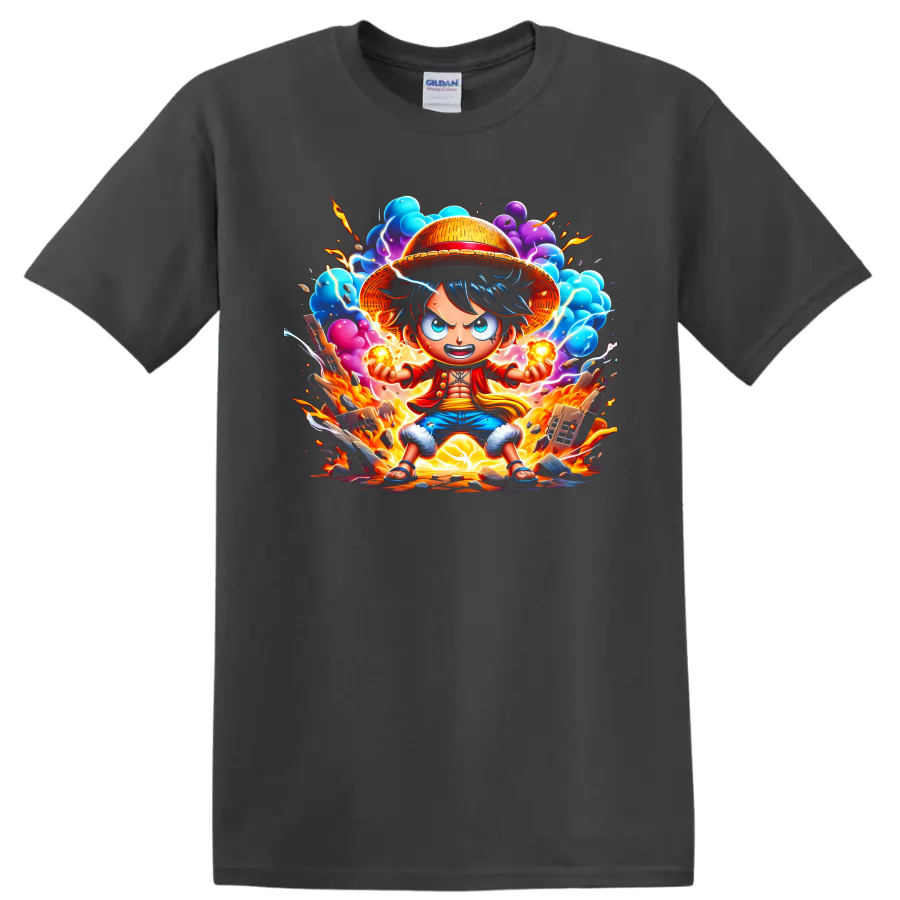 Monkey D. Luffy straw hat anime action graphic with fire, lightning, and colorful clouds on a Charcoal T Shirt