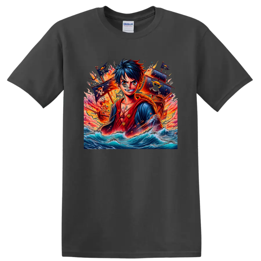 Monkey D. Luffy anime art with pirate ships, Jolly Roger flags, fire, and ocean waves on a Charcoal T Shirt