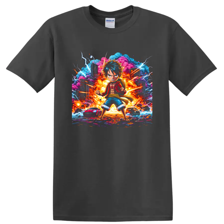 Monkey D. Luffy in explosive city anime art with lightning and fiery clouds on a Charcoal T Shirt