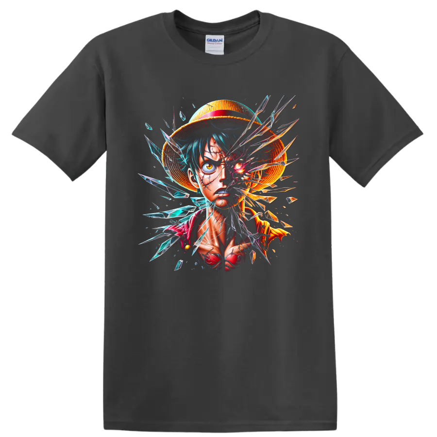 Monkey D. Luffy shattered-glass anime portrait with straw hat and crystal shards on a Charcoal T Shirt