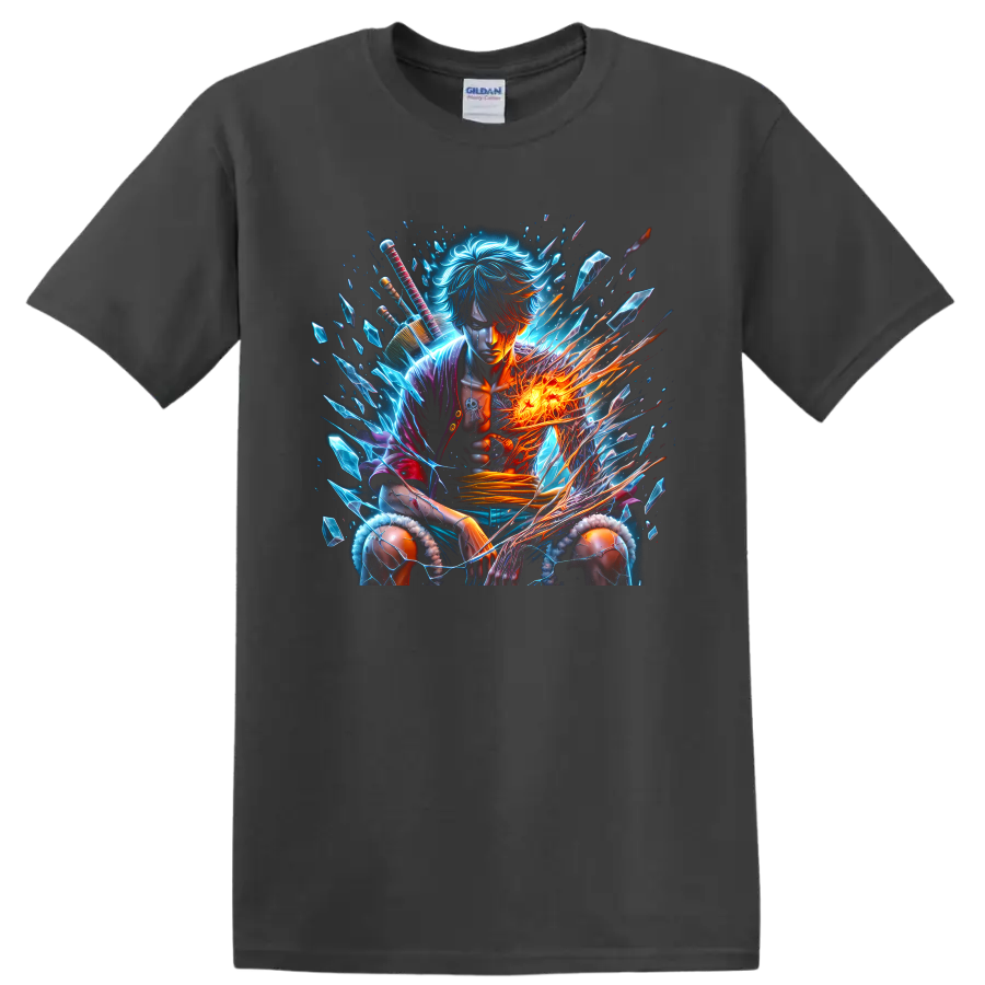 Sanji-inspired anime warrior graphic with blue crystals and blazing fire energy on a Charcoal T Shirt