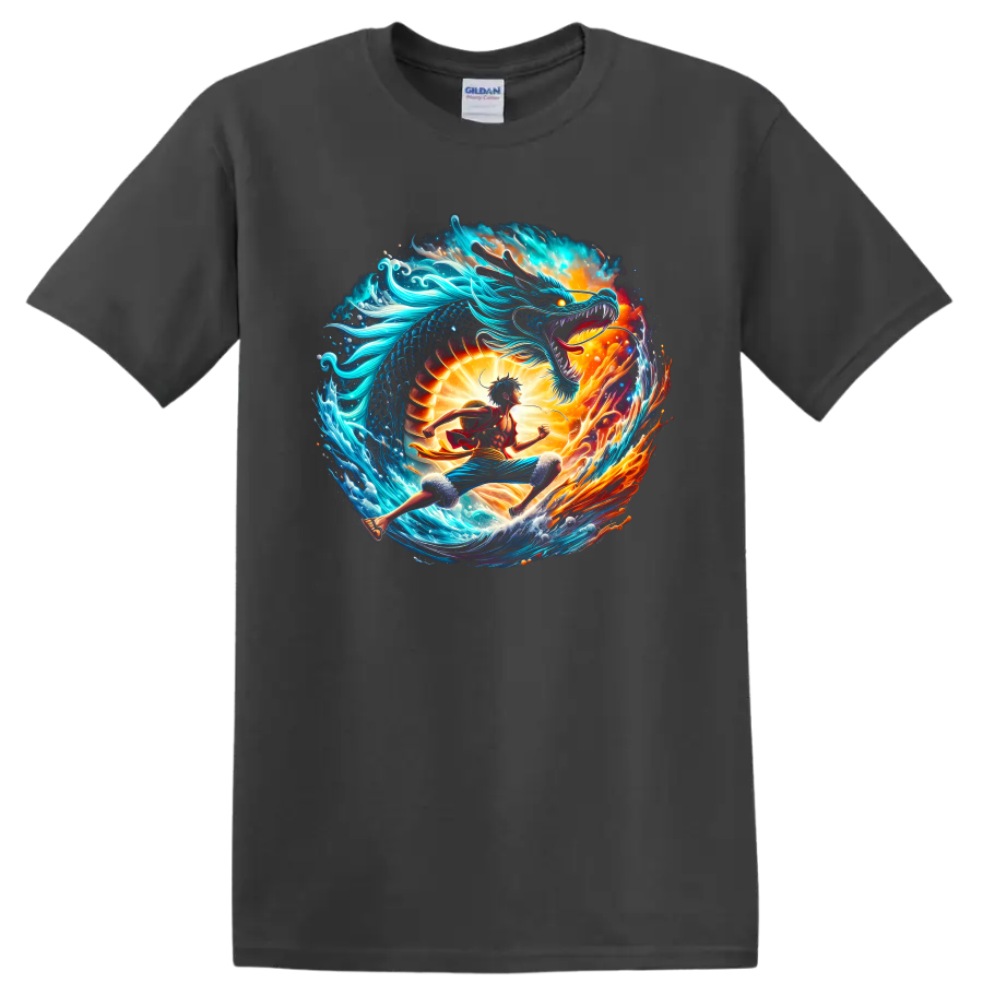 Monkey D. Luffy and Kaido dragon battle in vibrant ocean and fire anime art on a Charcoal T Shirt