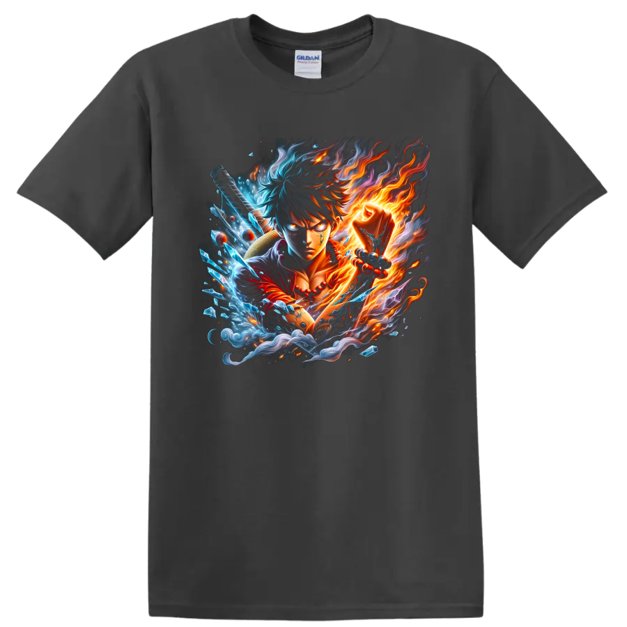 Monkey D. Luffy Gear 5 anime warrior with fiery and icy elemental action art on a Charcoal T Shirt