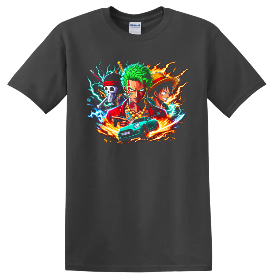 Roronoa Zoro and Monkey D. Luffy anime action graphic with lightning and race car on a Charcoal T Shirt