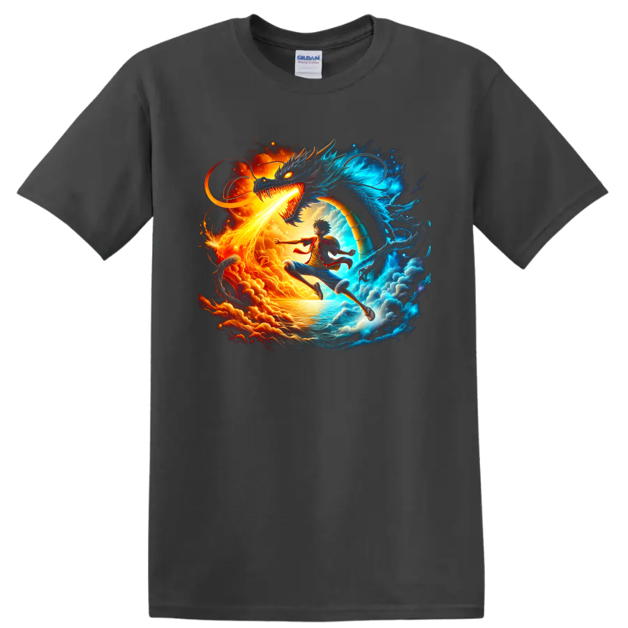 Monkey D. Luffy and Kaido One Piece fire and blue dragon battle graphic on a Charcoal T Shirt
