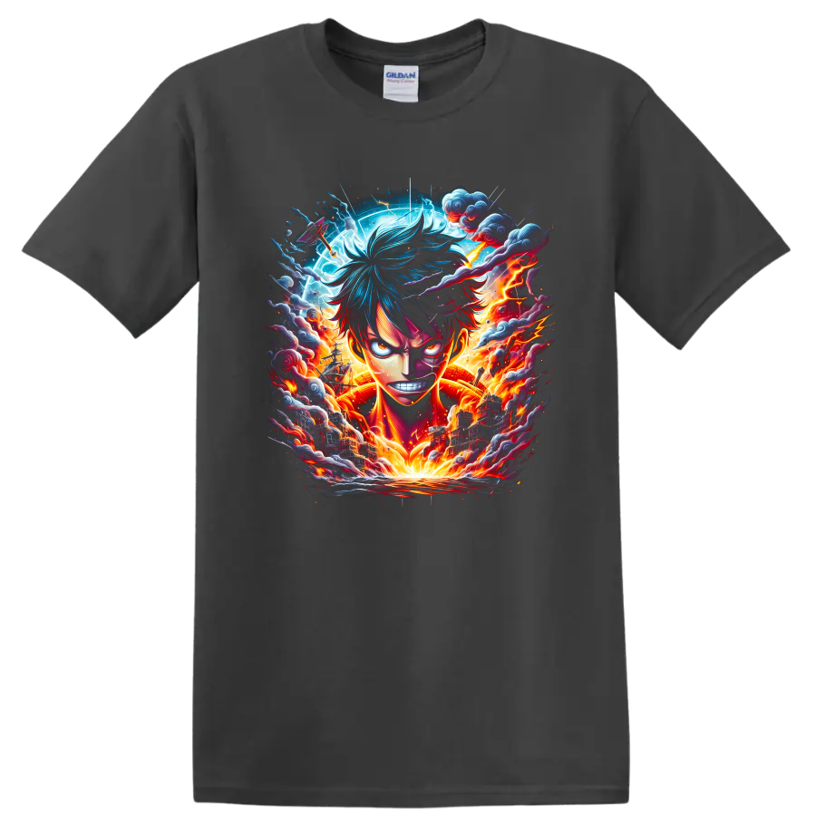Monkey D. Luffy Bajrang Gun anime graphic with lightning, clouds, and fiery energy on a Charcoal T Shirt