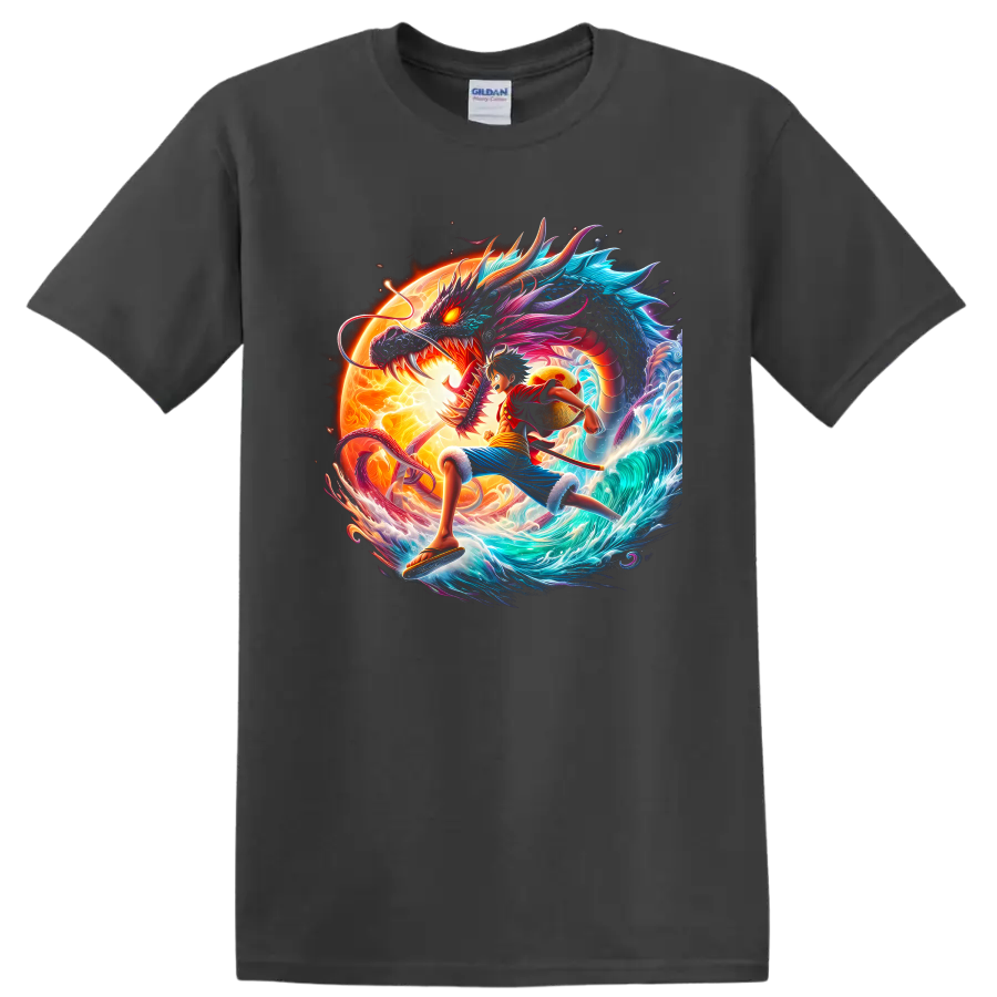 Monkey D. Luffy Gear 5 anime art with a dragon, glowing sun, and ocean waves on a Charcoal T Shirt