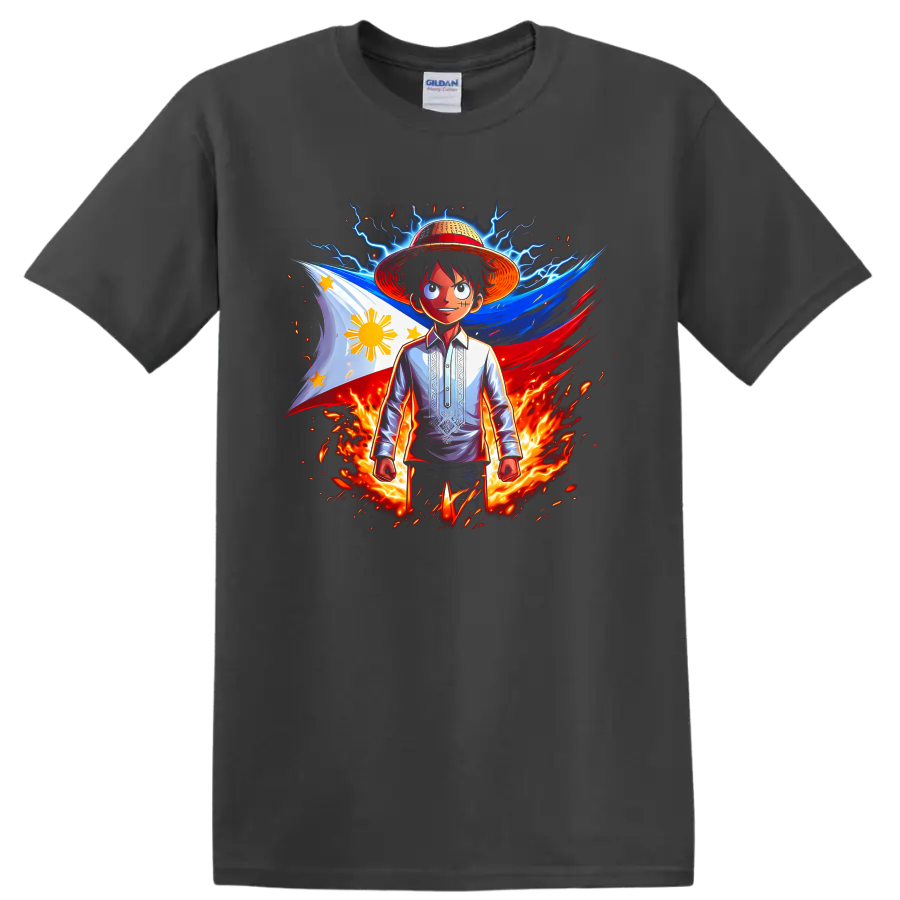 Monkey D. Luffy with Philippine flag, lightning, flames, and dynamic anime art on a Charcoal T Shirt