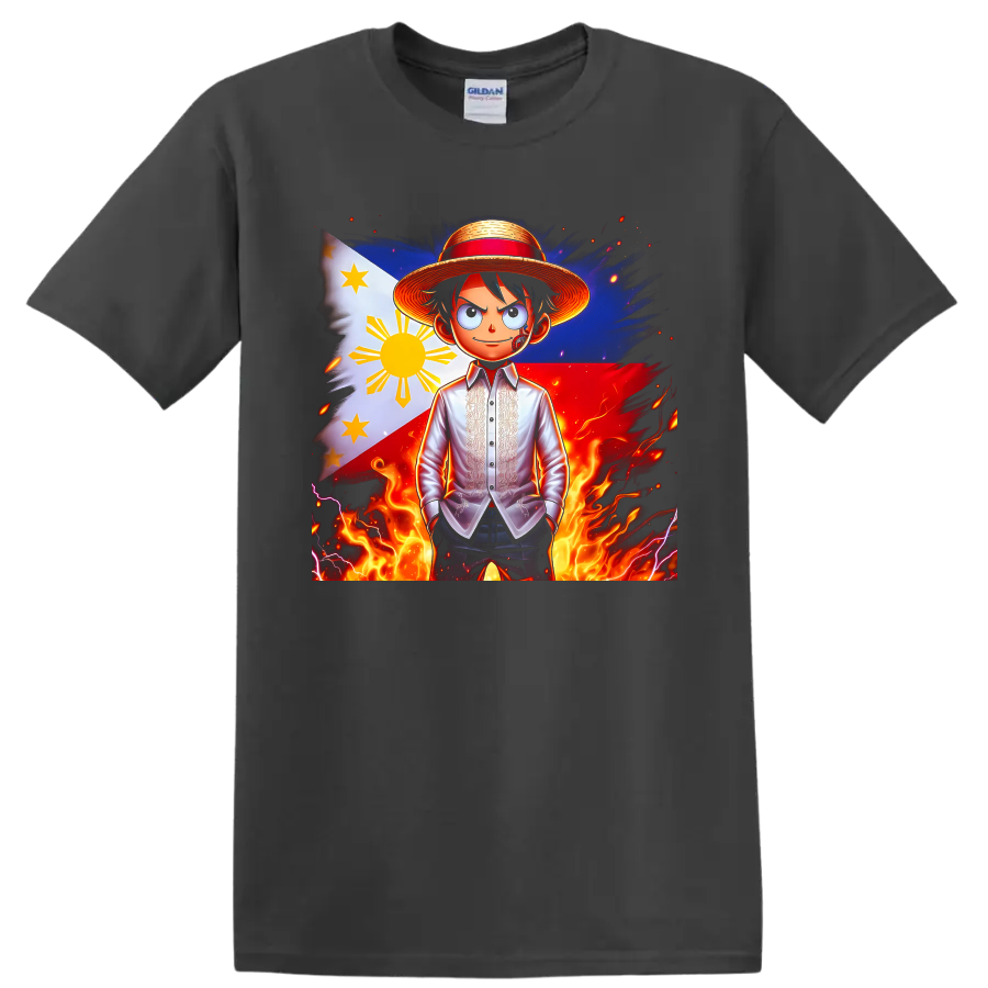 Monkey D. Luffy anime portrait with Philippine flag, straw hat, flames, and lightning on a Charcoal T Shirt