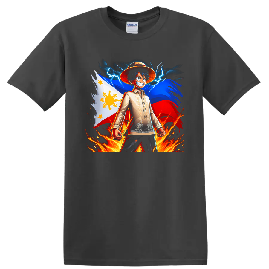 Monkey D. Luffy anime art with Philippine flag, lightning, storm clouds, and flames on a Charcoal T Shirt