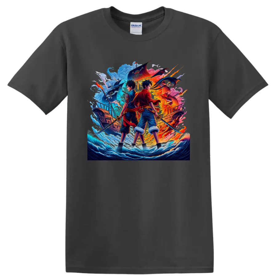 One Piece Luffy and Zoro anime-style pirate swordsmen with ships and ocean waves on a Charcoal T Shirt