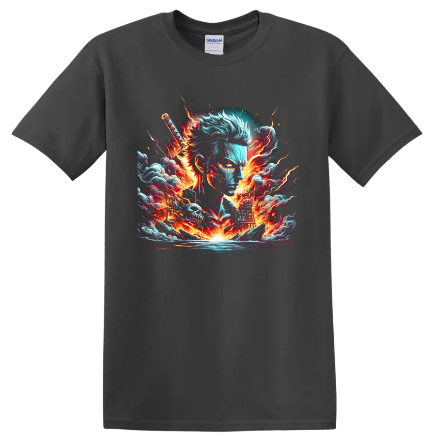Roronoa Zoro anime swordsman portrait with katana, flames, waves, and lightning on a Charcoal T Shirt