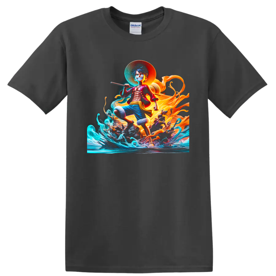 Monkey D. Luffy One Piece anime art with ocean waves and swirling golden energy on a Charcoal T Shirt