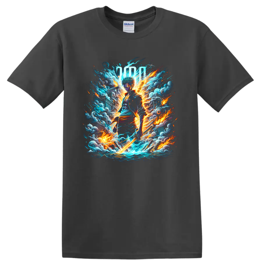 Roronoa Zoro three-sword anime warrior with fiery waves and electric action art on a Charcoal T Shirt