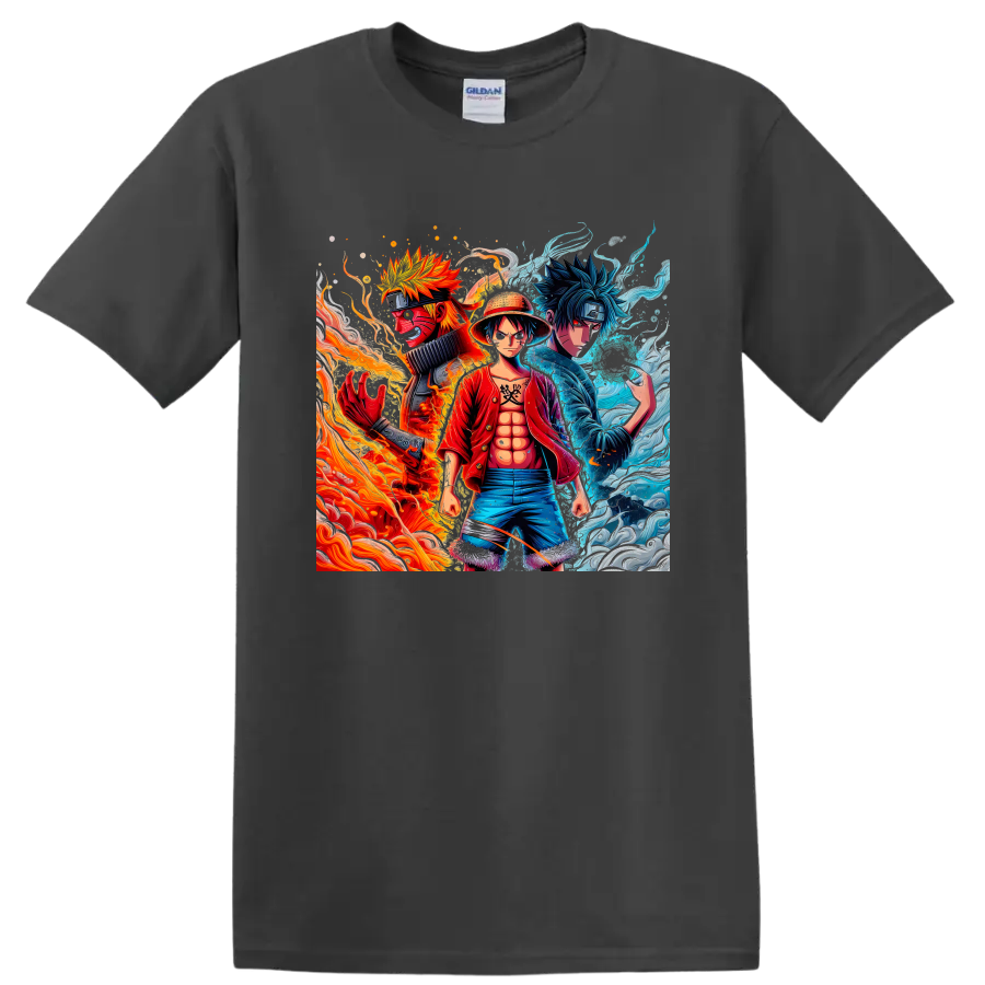 Naruto, Luffy, and Sasuke anime character art with fiery and icy energy on a Charcoal T Shirt