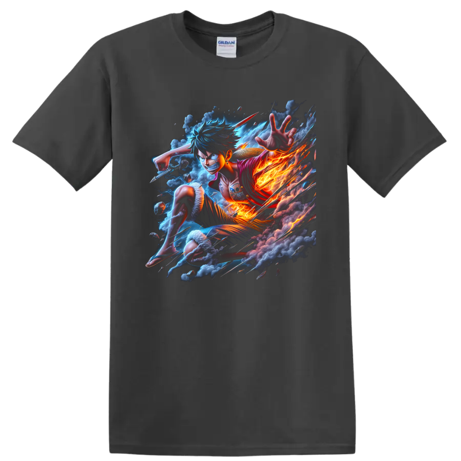 Monkey D. Luffy in fiery anime action with storm clouds and straw hat on a Charcoal T Shirt