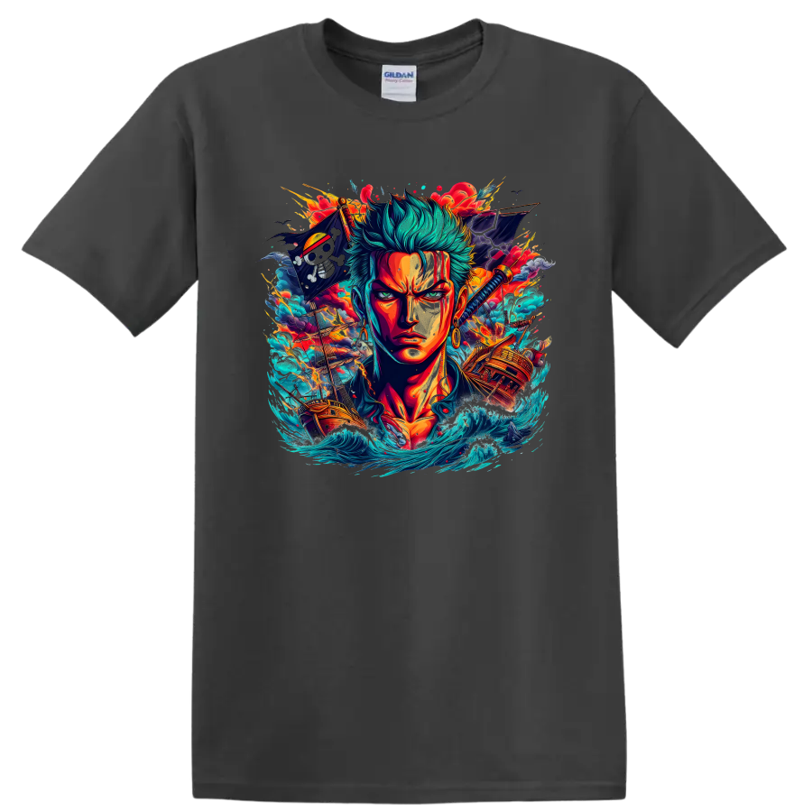 Roronoa Zoro anime portrait with pirate ships, katana, waves, and fiery battle effects on a Charcoal T Shirt