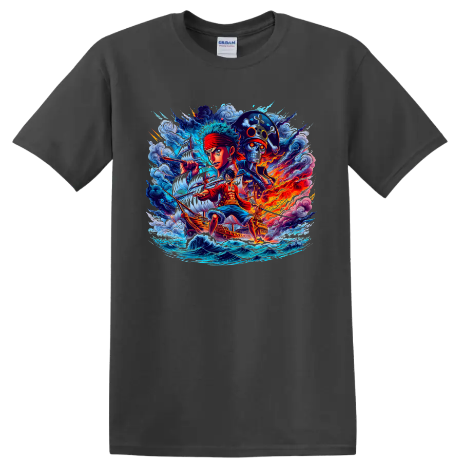 Monkey D. Luffy and Roronoa Zoro One Piece pirate adventure graphic on a Charcoal T Shirt
